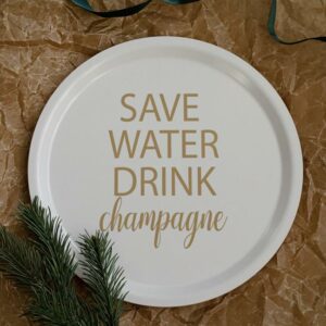 Bricka, Rund - Save Water, Vit/Guld