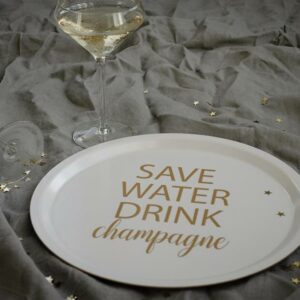 Bricka, Rund - Save Water, Vit/Guld
