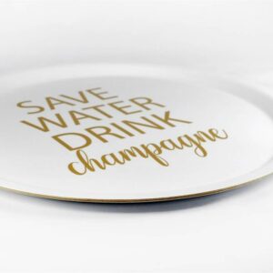 Bricka, Rund - Save Water, Vit/Guld