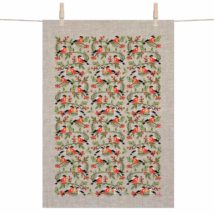 Kökshandduk i 100% Linne - Domherre med Röda Bär