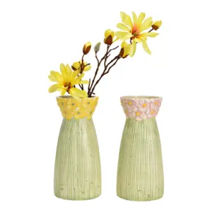 Vas med Blomdekor - Gul/Rosa - 26 cm