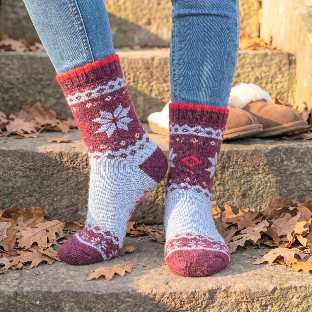 Ullstrumpor Nordic Snowflake – Blå/Vinröd, Storl. 36-40
