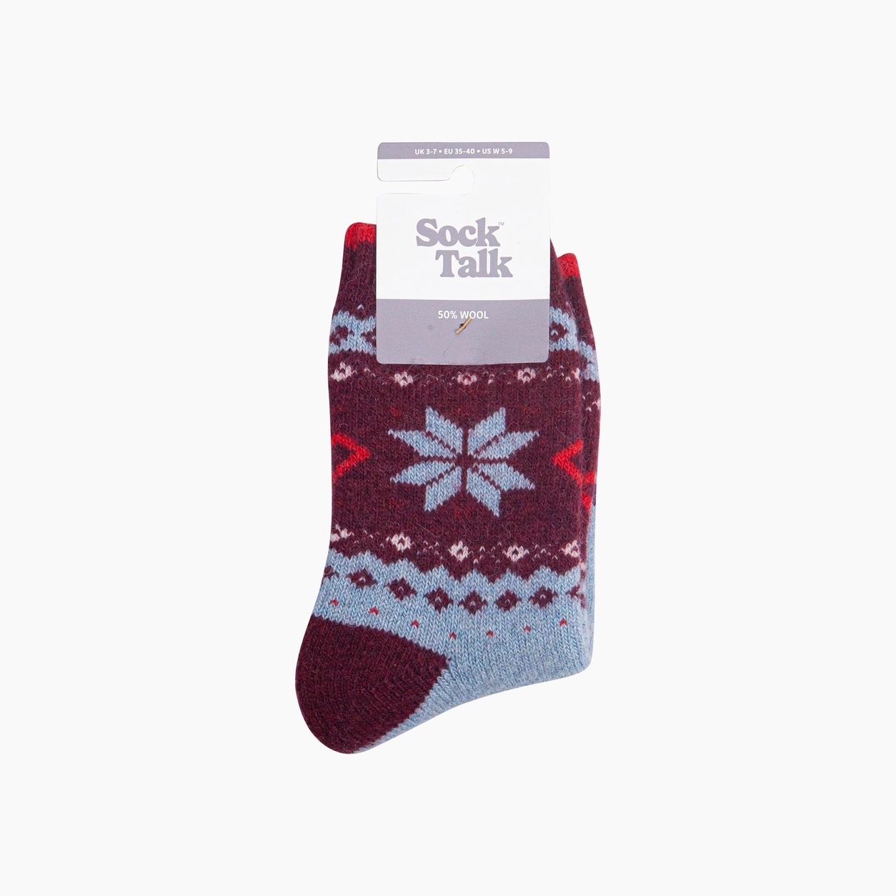 Ullstrumpor Nordic Snowflake – Blå/Vinröd, Storl. 36-40